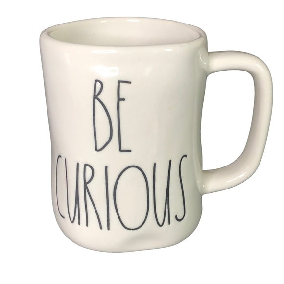 Rae Dunn “Be Curious” Ceramic Mug | White with Black Text | Farmhouse Decor